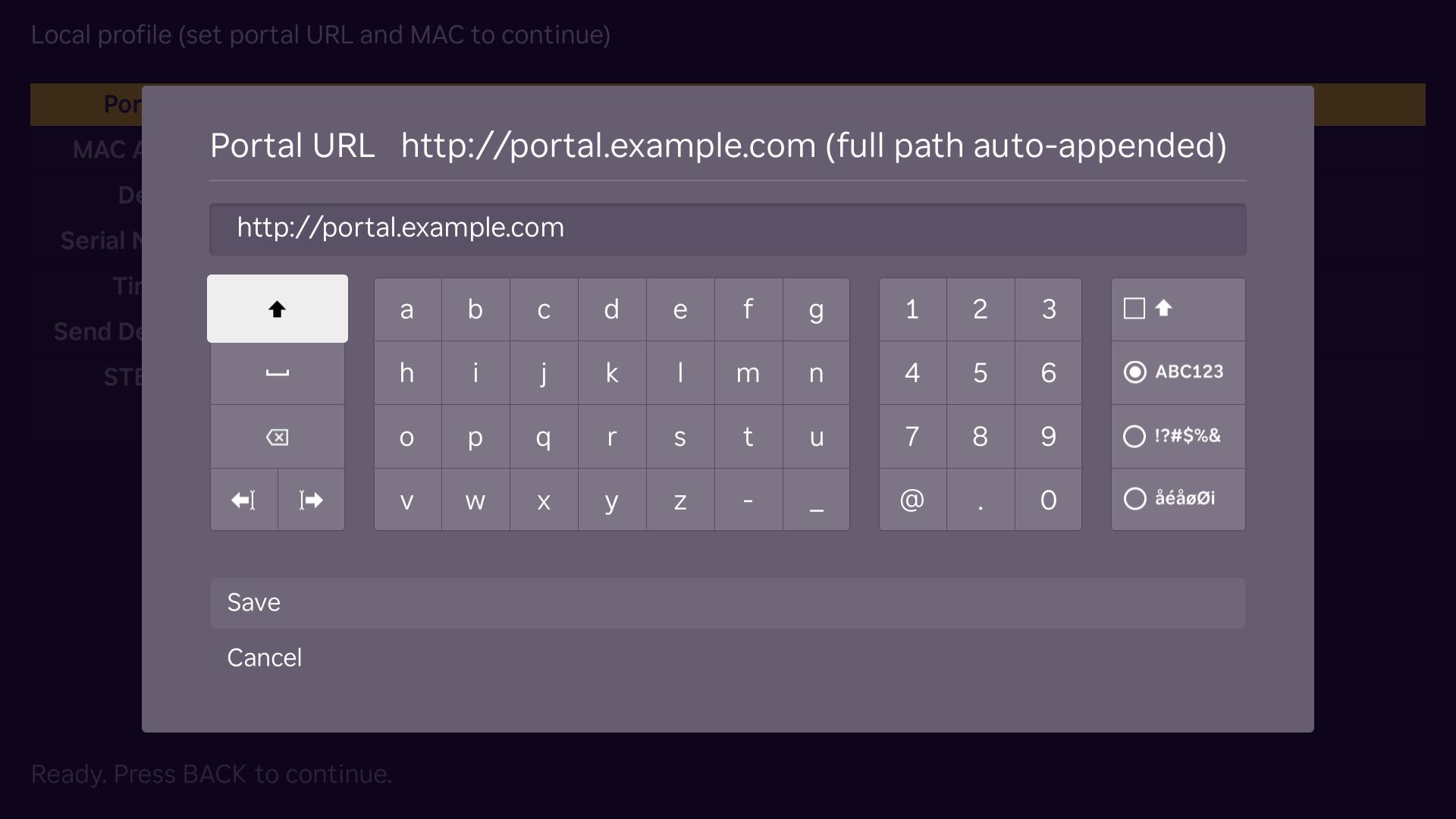 Portal URL keyboard dialog