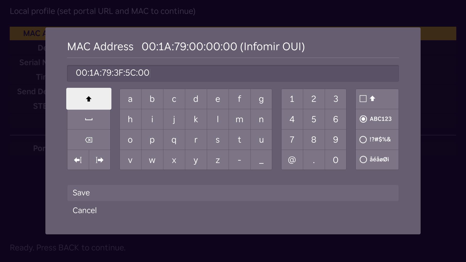 MAC Address keyboard dialog