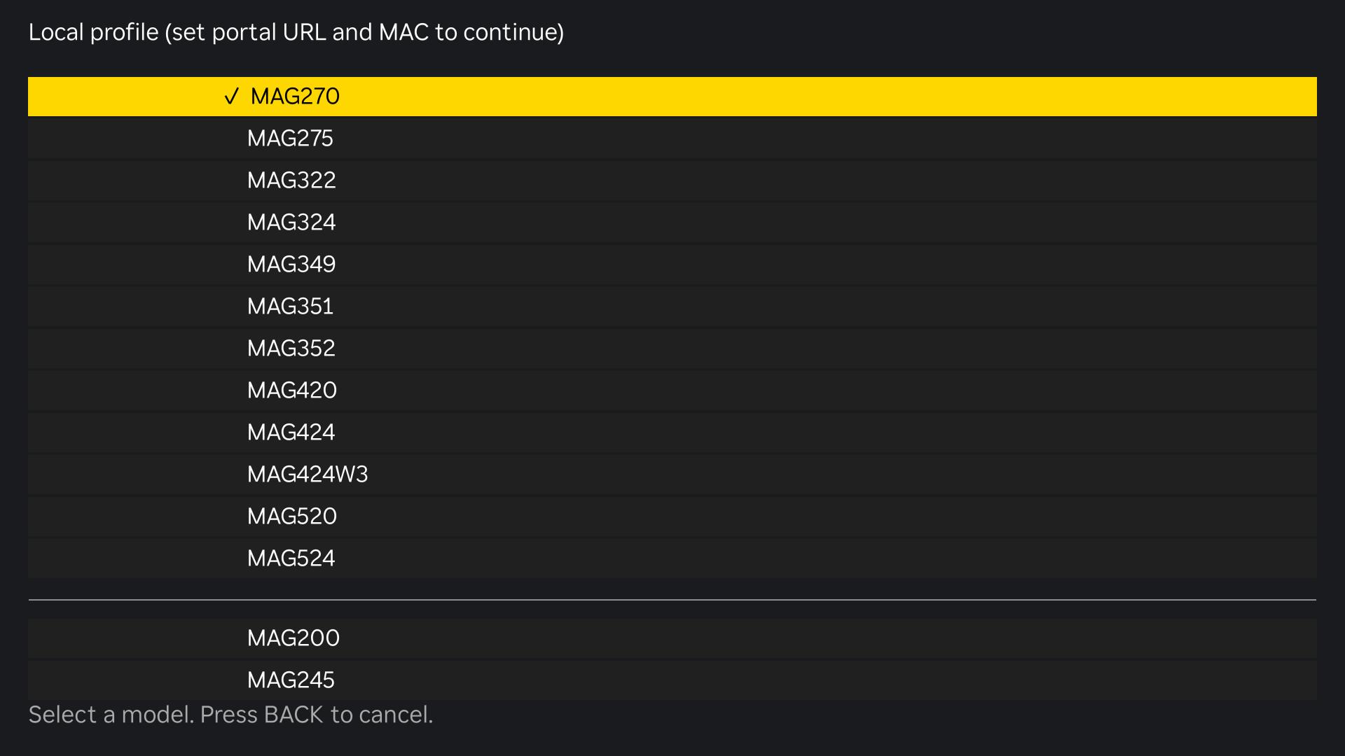 STB Model picker showing MAG model list
